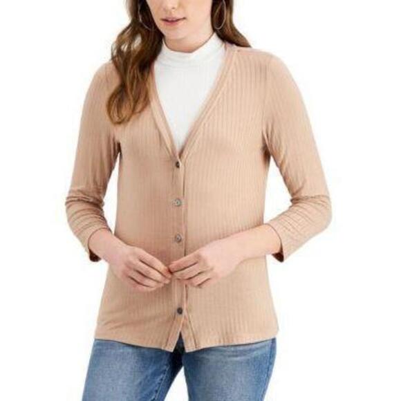 Fever Ribbed Button-Down 3/4-Sleeve Natural M - Picture 1 of 1
